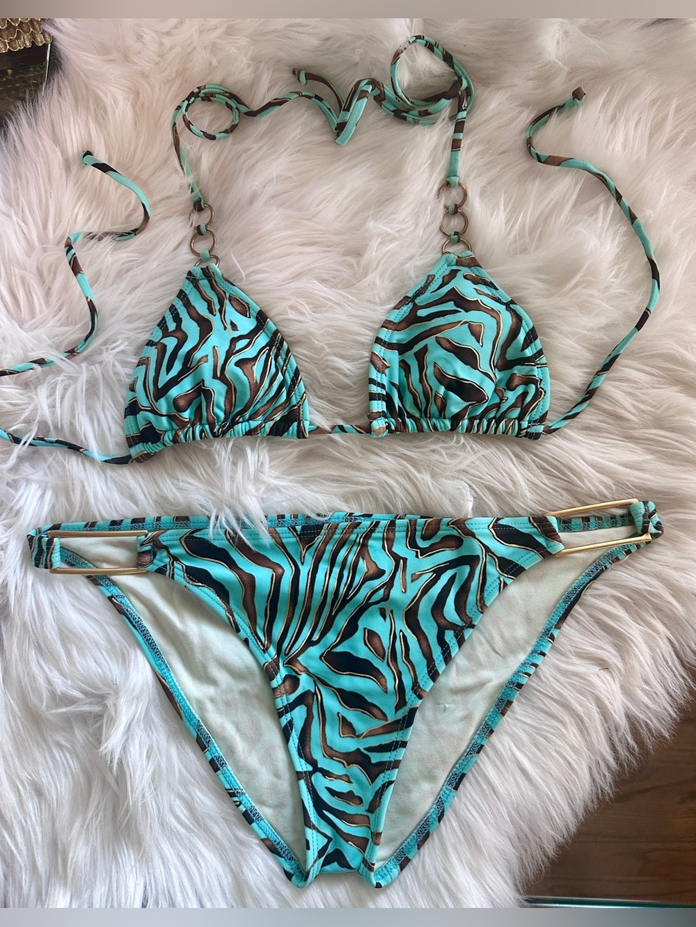 Luli Fama Turquoise, Brown & Gold Zebra-Stripe Bikini Detail!  XL bottoms XS top